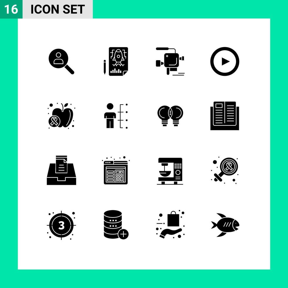 16 solide Glyphe Konzept zum Websites Handy, Mobiltelefon und Apps Obst einstellen Datei abspielen Film Kamera editierbar Vektor Design Elemente