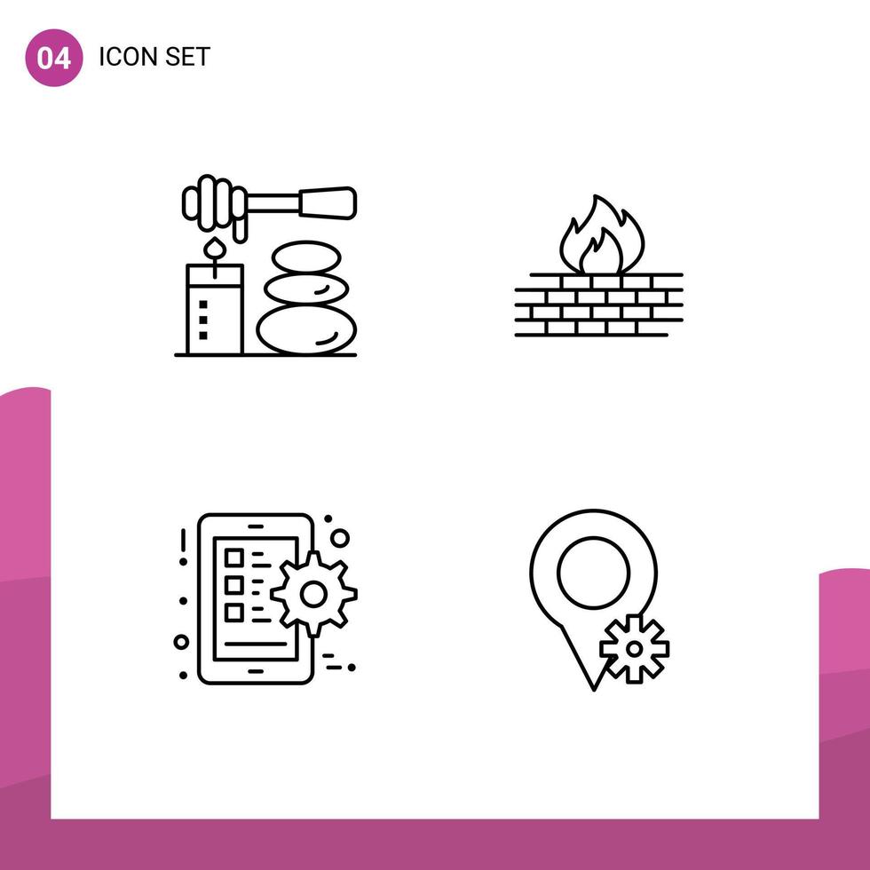 Gruppe von 4 gefüllte Linie eben Farben Zeichen und Symbole zum Massagen Ausrüstung Steine Firewall Rahmen editierbar Vektor Design Elemente