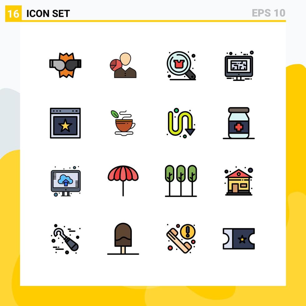 Gruppe von 16 modern eben Farbe gefüllt Linien einstellen zum Design Monitor Person Einkaufen Suche editierbar kreativ Vektor Design Elemente