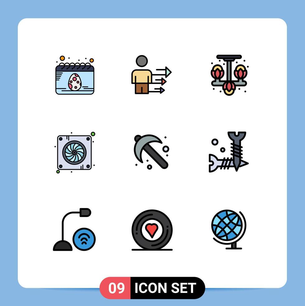 9 universell fylld linje platt färger uppsättning för webb och mobil tillämpningar trädgårdsarbete hårdvara Hem fläkt dator redigerbar vektor design element