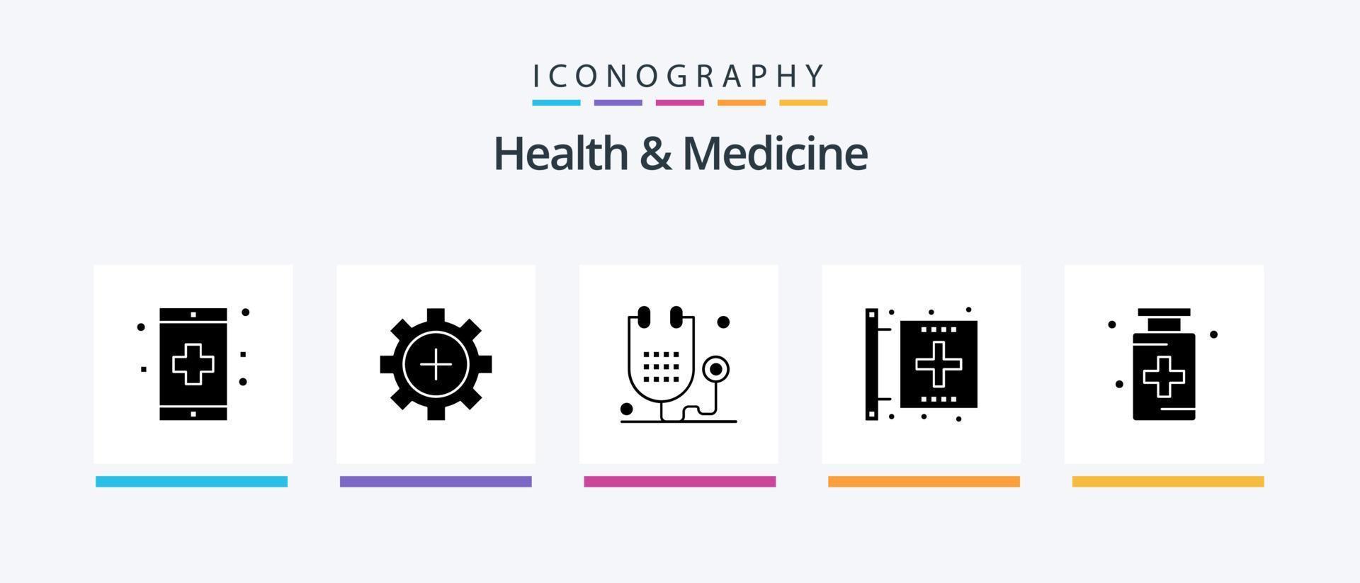 hälsa och medicin glyf 5 ikon packa Inklusive kondition. Centrum. sjukhus. medicin. form. kreativ ikoner design vektor