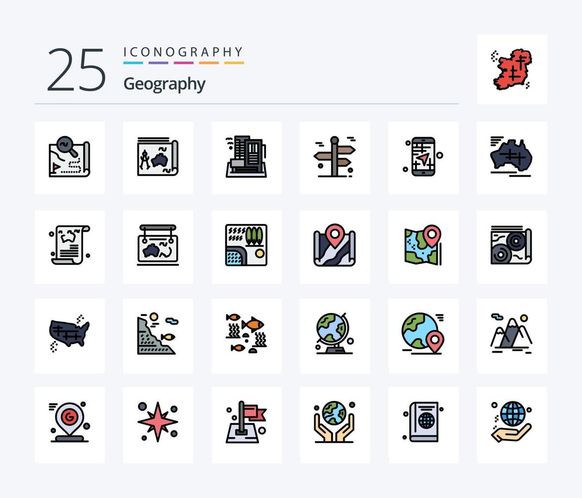 geo grafisk 25 linje fylld ikon packa Inklusive resa. navigering. bok. lägenhet. stad vektor