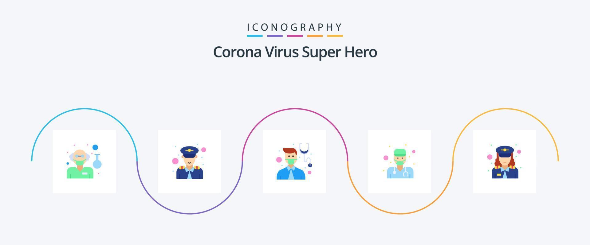 Corona Virus Super Held eben 5 Symbol Pack einschließlich . Polizei. männlich. weiblich. Gesundheit vektor