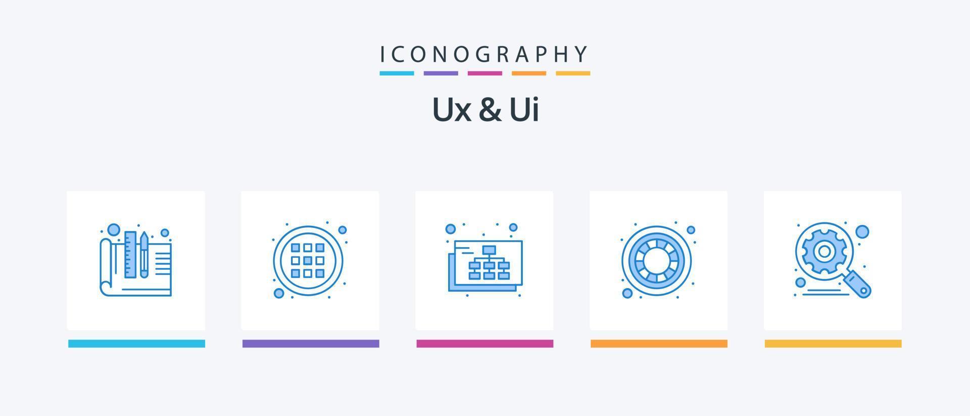 ux und ui Blau 5 Symbol Pack einschließlich Einstellungen. Gang. Seite? ˅. Motor. kreativ. kreativ Symbole Design vektor