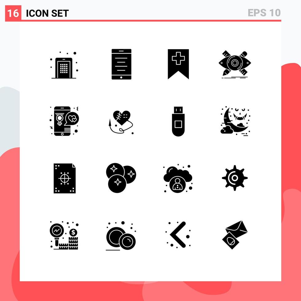 16 solide Glyphe Konzept zum Websites Handy, Mobiltelefon und Apps Tag Werkzeuge Etikett skizzieren Designer editierbar Vektor Design Elemente