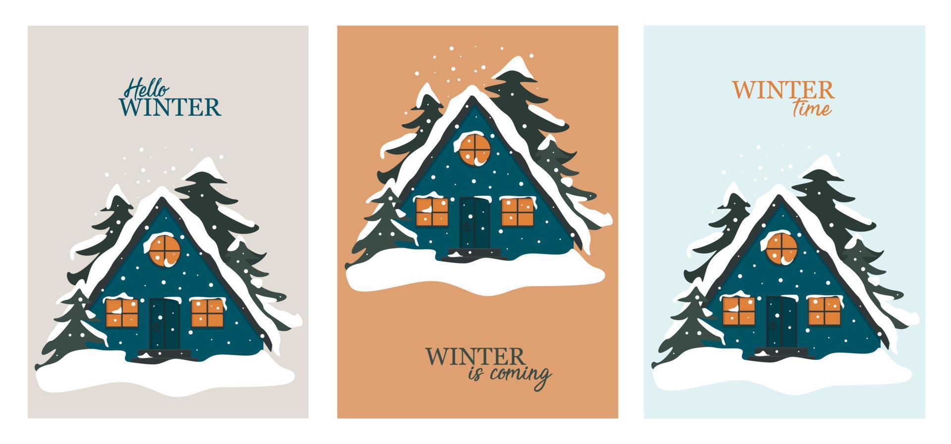einstellen von Winter Postkarten mit dreieckig hölzern Blau Kabinen. Häuser dazwischen das Kiefer Bäume. schneebedeckt Landschaft im das Winter. Banner zum Gruß das kalt Jahreszeit vektor