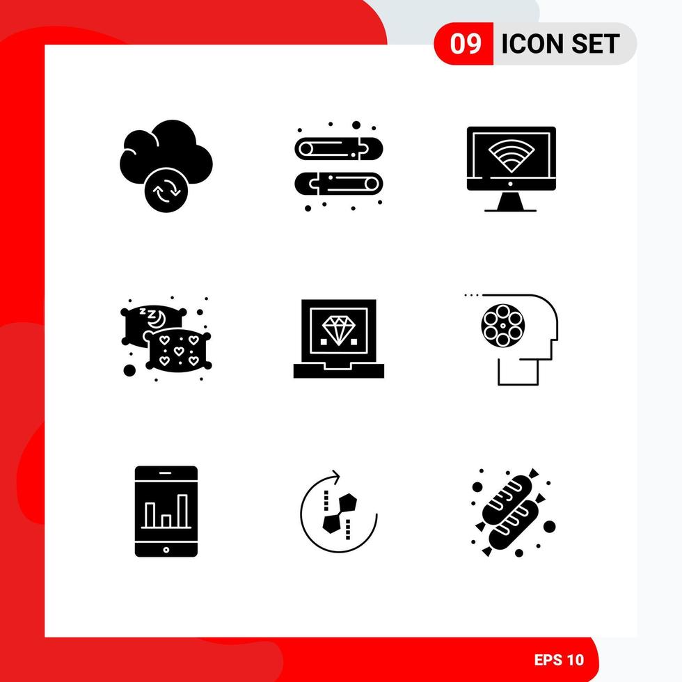 Gruppe von 9 modern solide Glyphen einstellen zum Besatzung Entwicklung W-lan sich entwickeln Schlaf editierbar Vektor Design Elemente