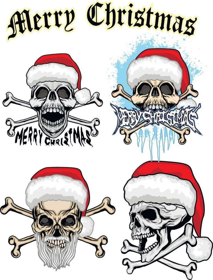 Set Weihnachtsschild mit Totenkopf im Hut des Weihnachtsmanns, Grunge-Vintage-Design-T-Shirts vektor