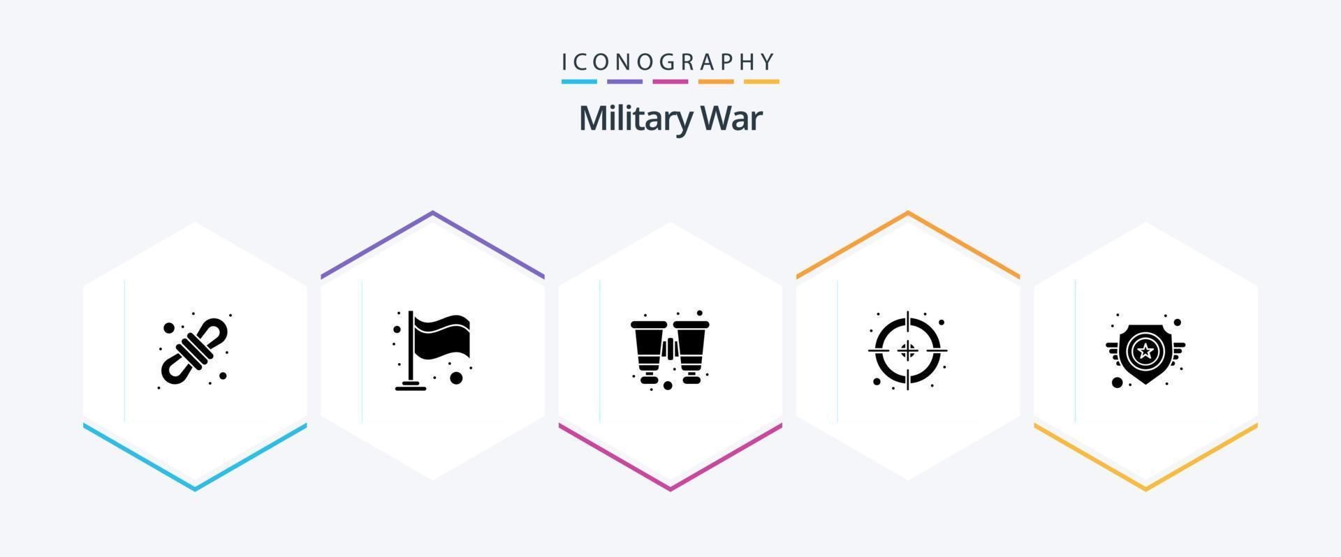 Militär- Krieg 25 Glyphe Symbol Pack einschließlich Gewalt. Sicht. Fernglas. Punkt. Ziel vektor