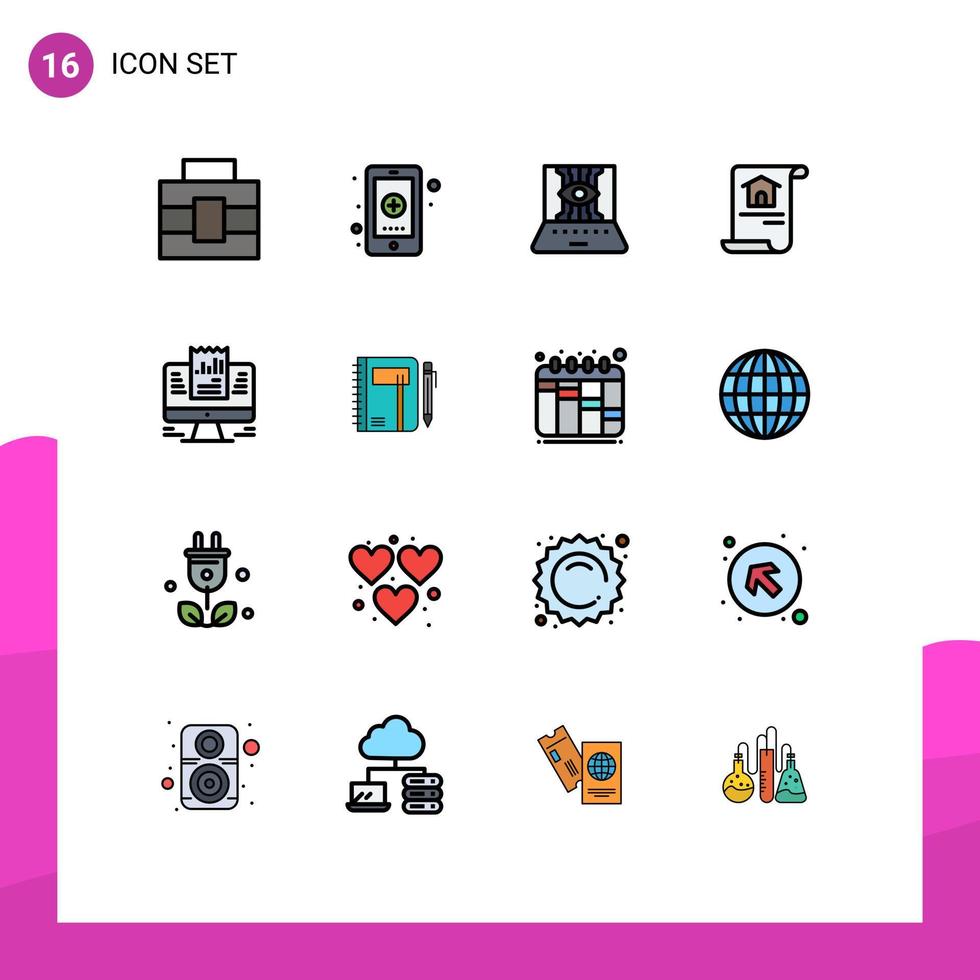 modern uppsättning av 16 platt Färg fylld rader pictograph av Rapportera Hem applicerad vetenskap dokumentera teknologi redigerbar kreativ vektor design element