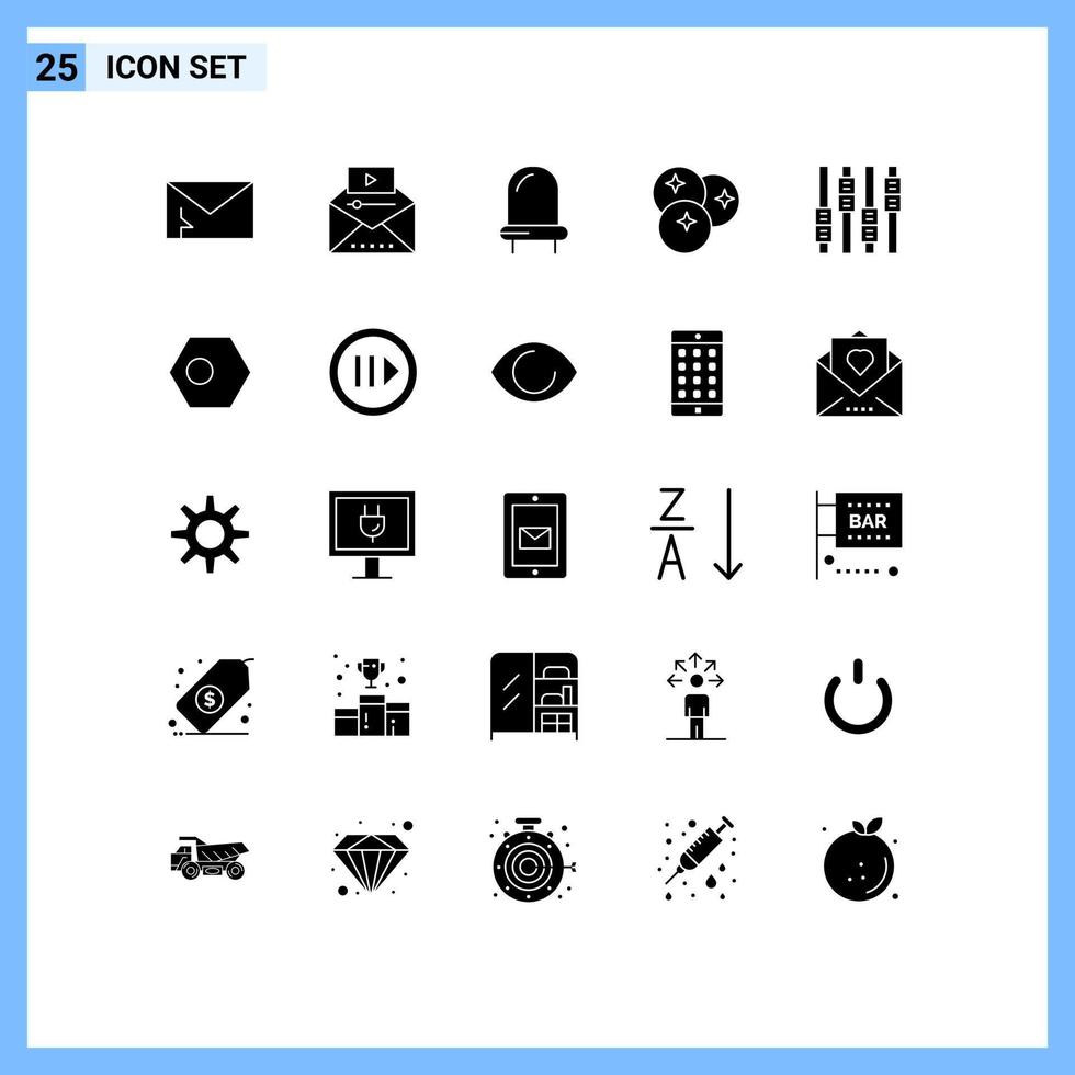 uppsättning av 25 vektor fast glyfer på rutnät för linje frukt video marknadsföring mat ljus redigerbar vektor design element