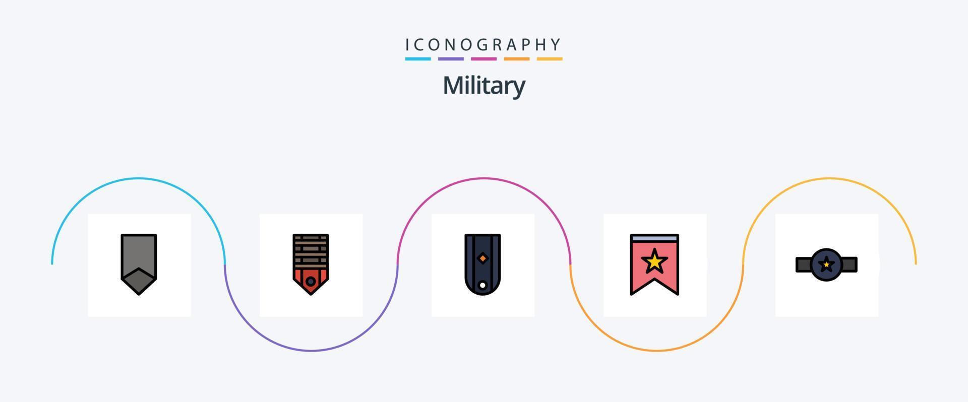 Militär- Linie gefüllt eben 5 Symbol Pack einschließlich Insignien. Abzeichen. Streifen. Rang. Militär- vektor