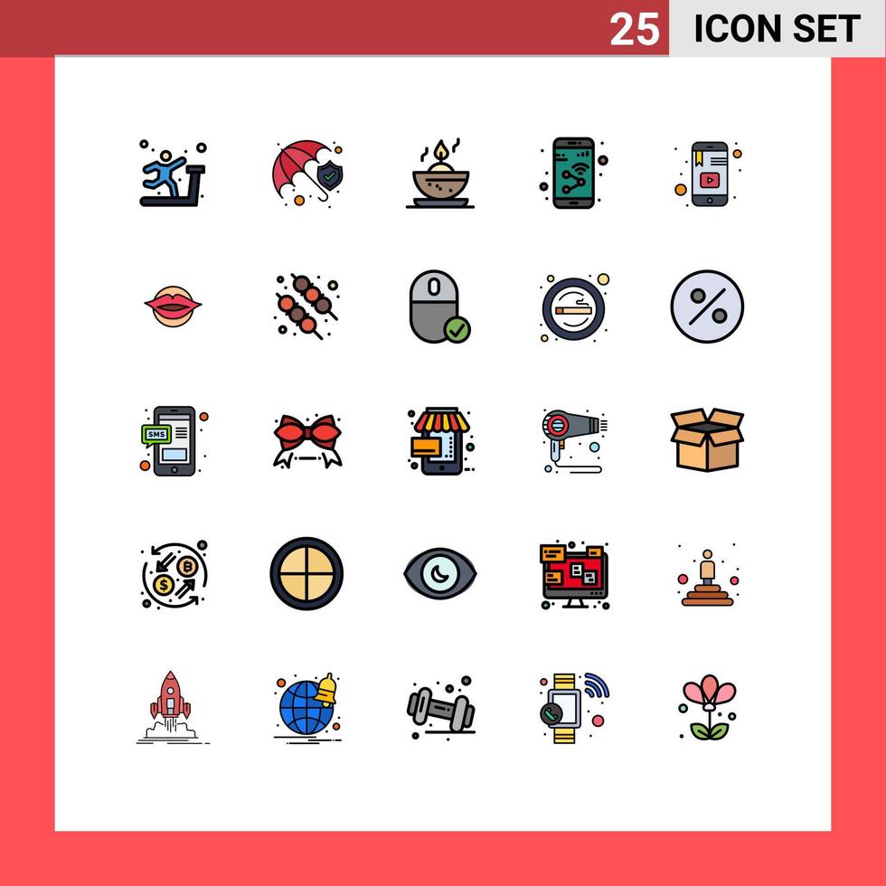 Gruppe von 25 gefüllt Linie eben Farben Zeichen und Symbole zum Lernen W-lan Schüssel Smartphone Gerät editierbar Vektor Design Elemente