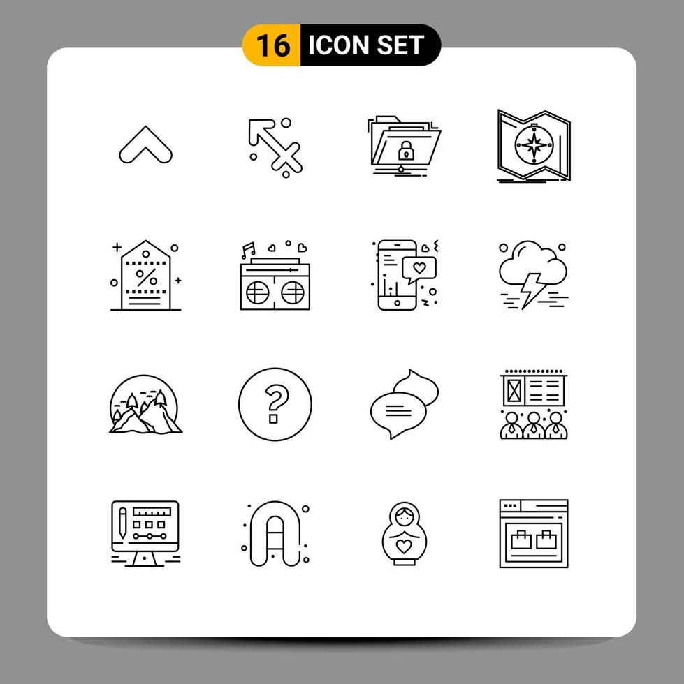 Lager Vektor Symbol Pack von 16 Linie Zeichen und Symbole zum Navigation Karte Verschlüsselung erkunden sichern editierbar Vektor Design Elemente