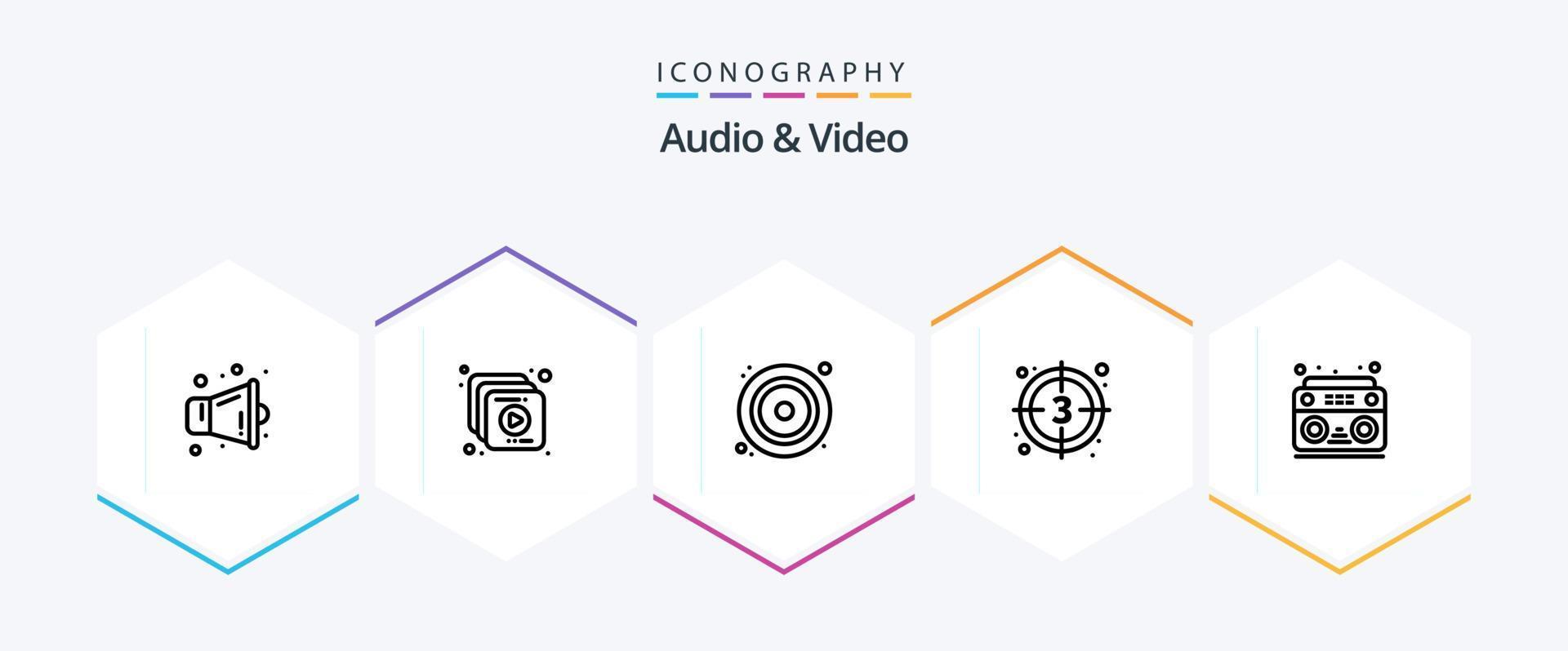 Audio- und Video 25 Linie Symbol Pack einschließlich Klang. Audio. DVD. Video. Film vektor