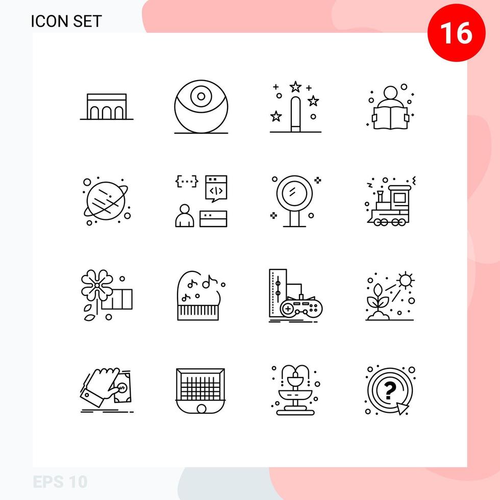 Universal- Symbol Symbole Gruppe von 16 modern Umrisse von Planet lesen Codierung Wissen Programmierung editierbar Vektor Design Elemente