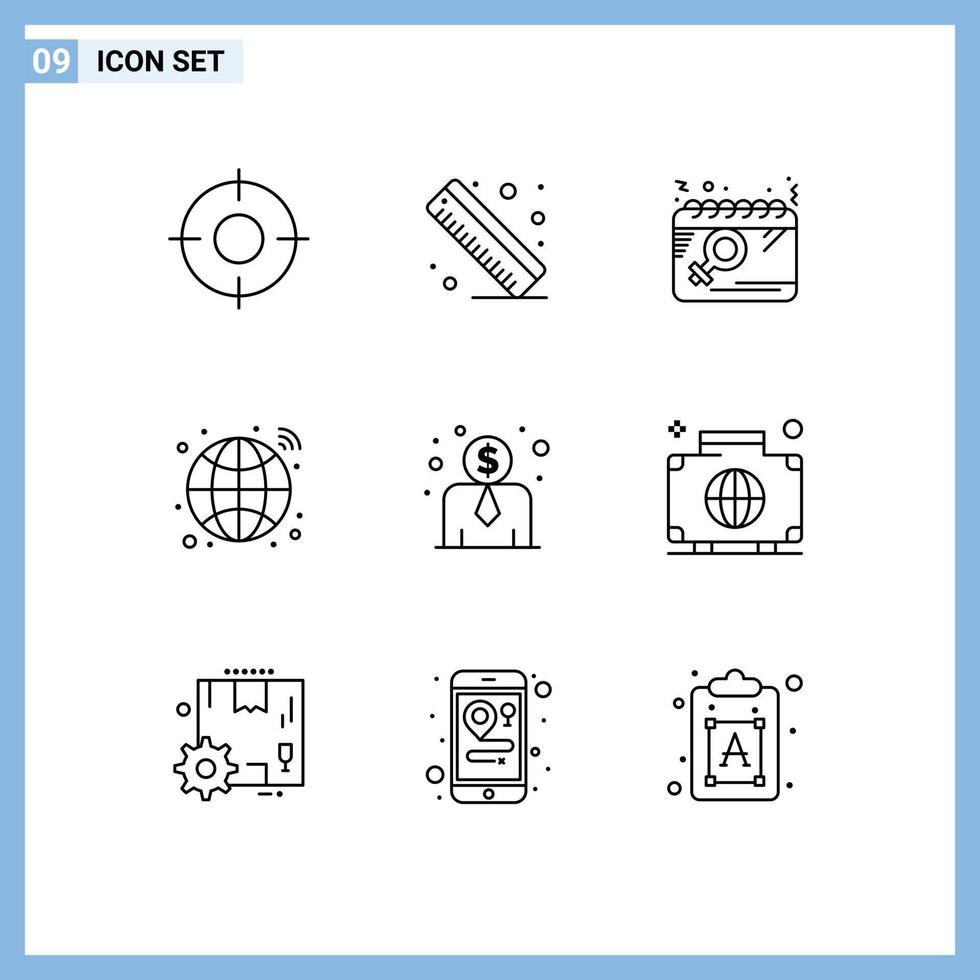 9 Universal- Gliederung Zeichen Symbole von Mitarbeiter Kosten Infrastruktur Kalender Nabe Frauen editierbar Vektor Design Elemente