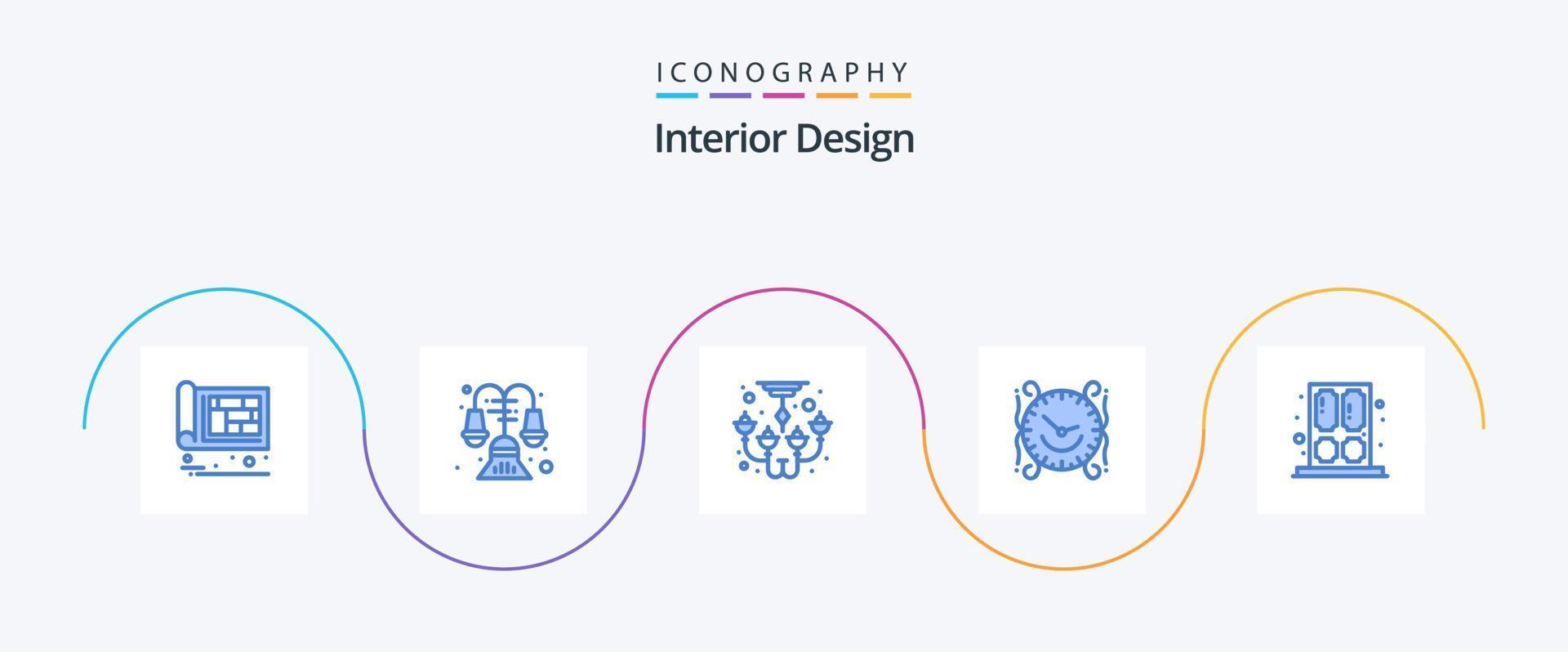 interiör design blå 5 ikon packa Inklusive Hem. Kolla på. lampa. tid. dekorera vektor