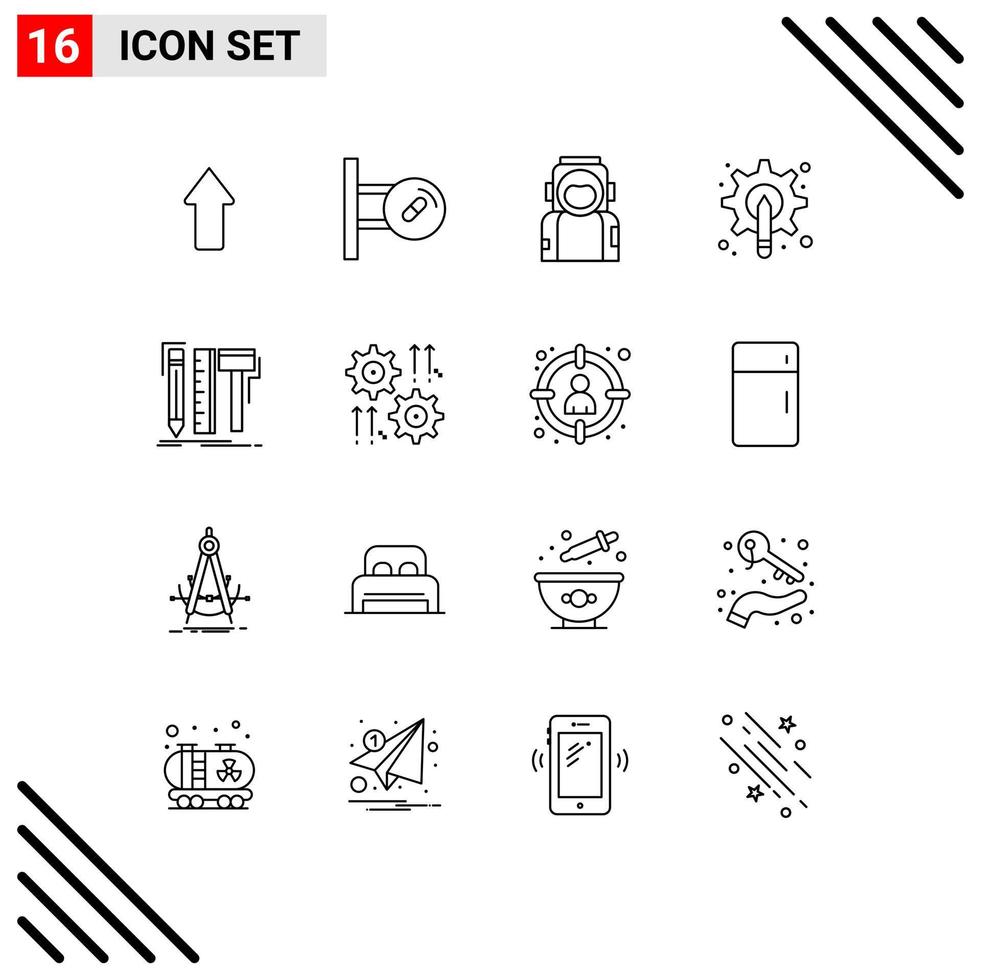 Gliederung Pack von 16 Universal- Symbole von Ausrüstung Stift Astronaut Grafik passen editierbar Vektor Design Elemente