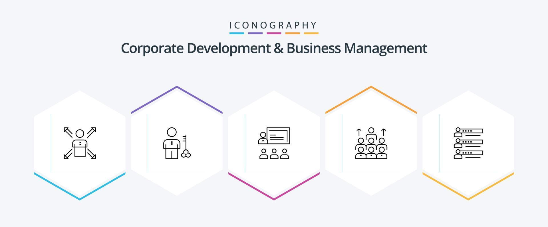 företags- utveckling och företag förvaltning 25 linje ikon packa Inklusive ledarskap. företag. nyckel. lagarbete. leverantör vektor