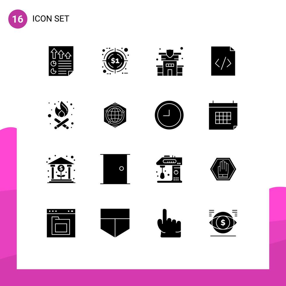 16 solide Glyphe Konzept zum Websites Handy, Mobiltelefon und Apps Party Zeit Lagerfeuer Ziel html Code editierbar Vektor Design Elemente