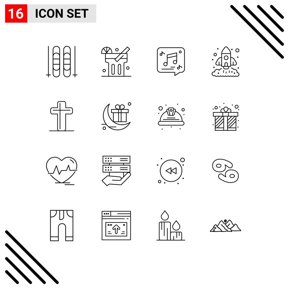 uppsättning av 16 vektor konturer på rutnät för kristen börja multimedia raket Diagram redigerbar vektor design element