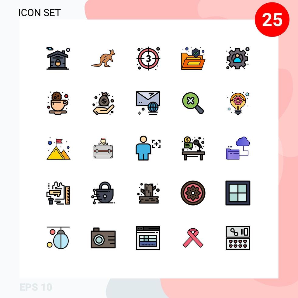 25 användare gränssnitt fylld linje platt Färg packa av modern tecken och symboler av skydda mapp känguru video film redigerbar vektor design element