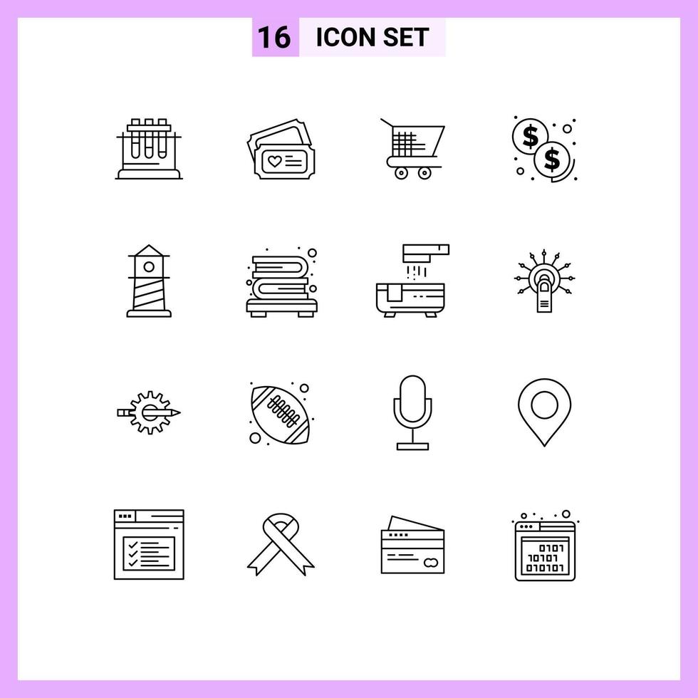 16 kreativ Symbole modern Zeichen und Symbole von Bücherregal Leuchtturm Wagen Strand Investition editierbar Vektor Design Elemente