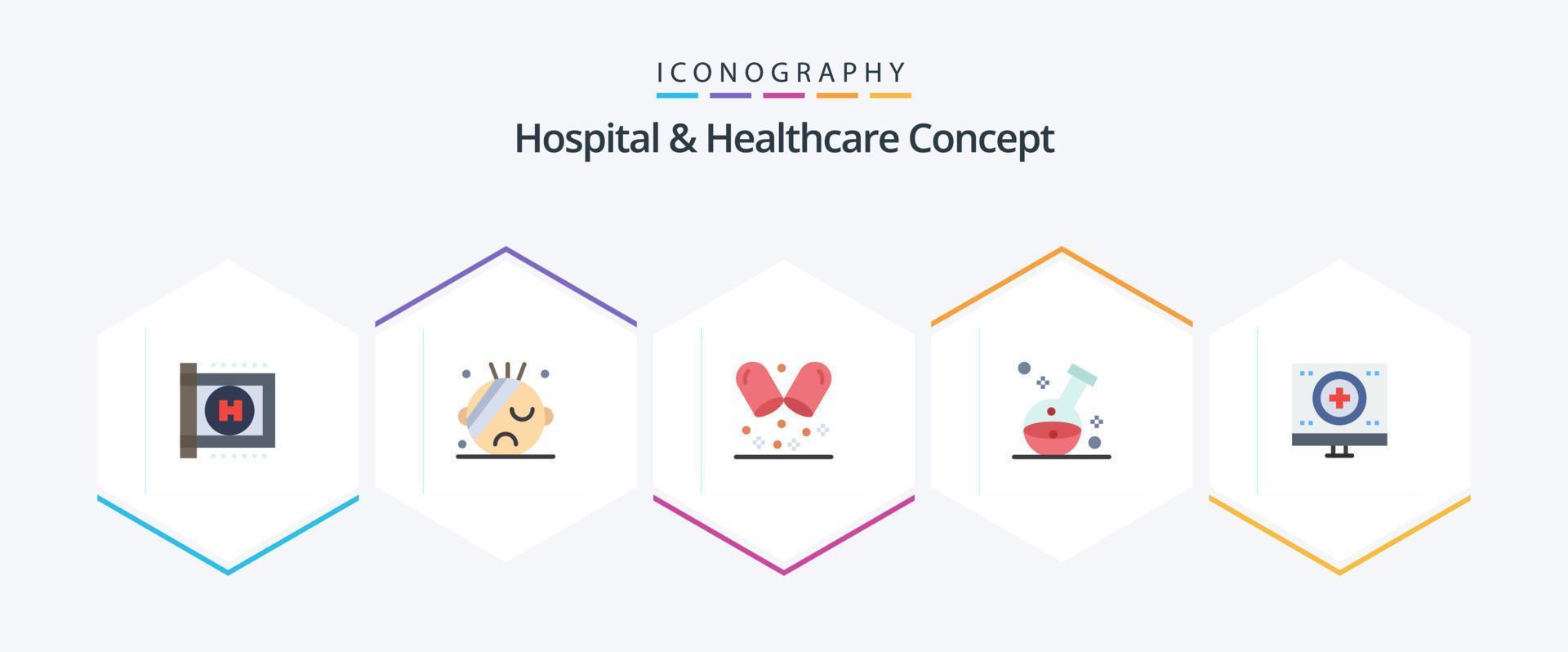 Krankenhaus und Gesundheitswesen Konzept 25 eben Symbol Pack einschließlich . Wohltätigkeit. Monitor vektor