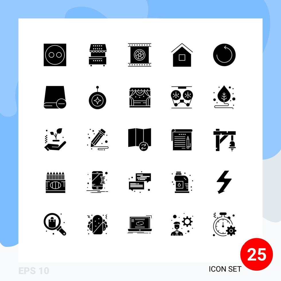 Universal- Symbol Symbole Gruppe von 25 modern solide Glyphen von Hütte Haus Kamera Linsen Zuhause Besondere editierbar Vektor Design Elemente