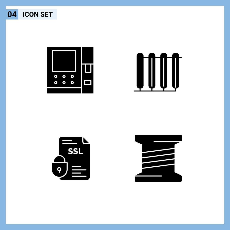 4 universell fast glyfer uppsättning för webb och mobil tillämpningar Bankomat certifikat batteri radiator säkerhet redigerbar vektor design element