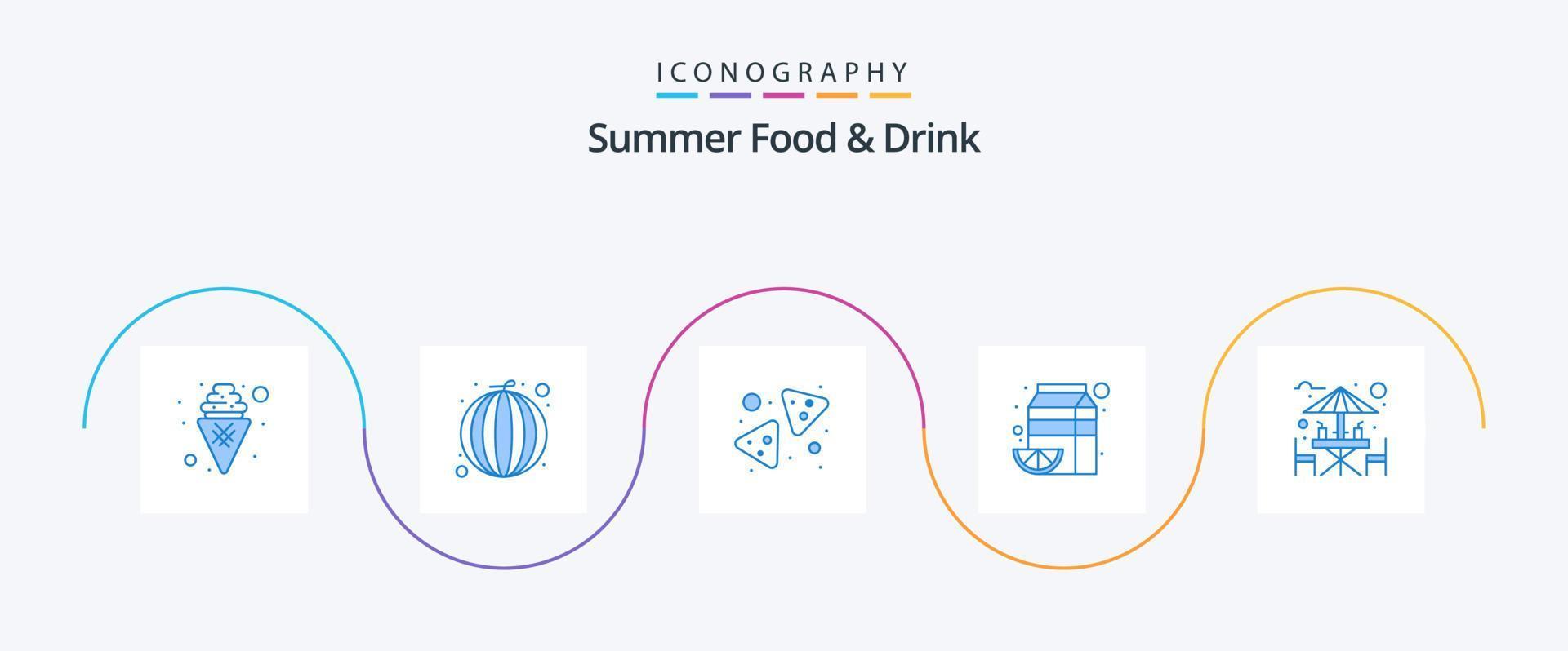 Sommer- Essen und trinken Blau 5 Symbol Pack einschließlich Alkohol. orange. Chips. Saft. trinken vektor
