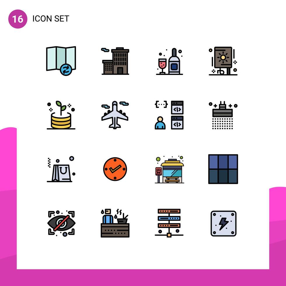 16 Universal- eben Farbe gefüllt Linien einstellen zum Netz und Handy, Mobiltelefon Anwendungen Flugzeug Geld Glas Investition Party editierbar kreativ Vektor Design Elemente