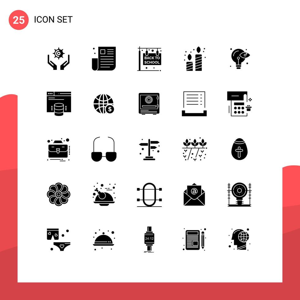 Gruppe von 25 solide Glyphen Zeichen und Symbole zum kreativ Kerzen ui Kerze Schule editierbar Vektor Design Elemente