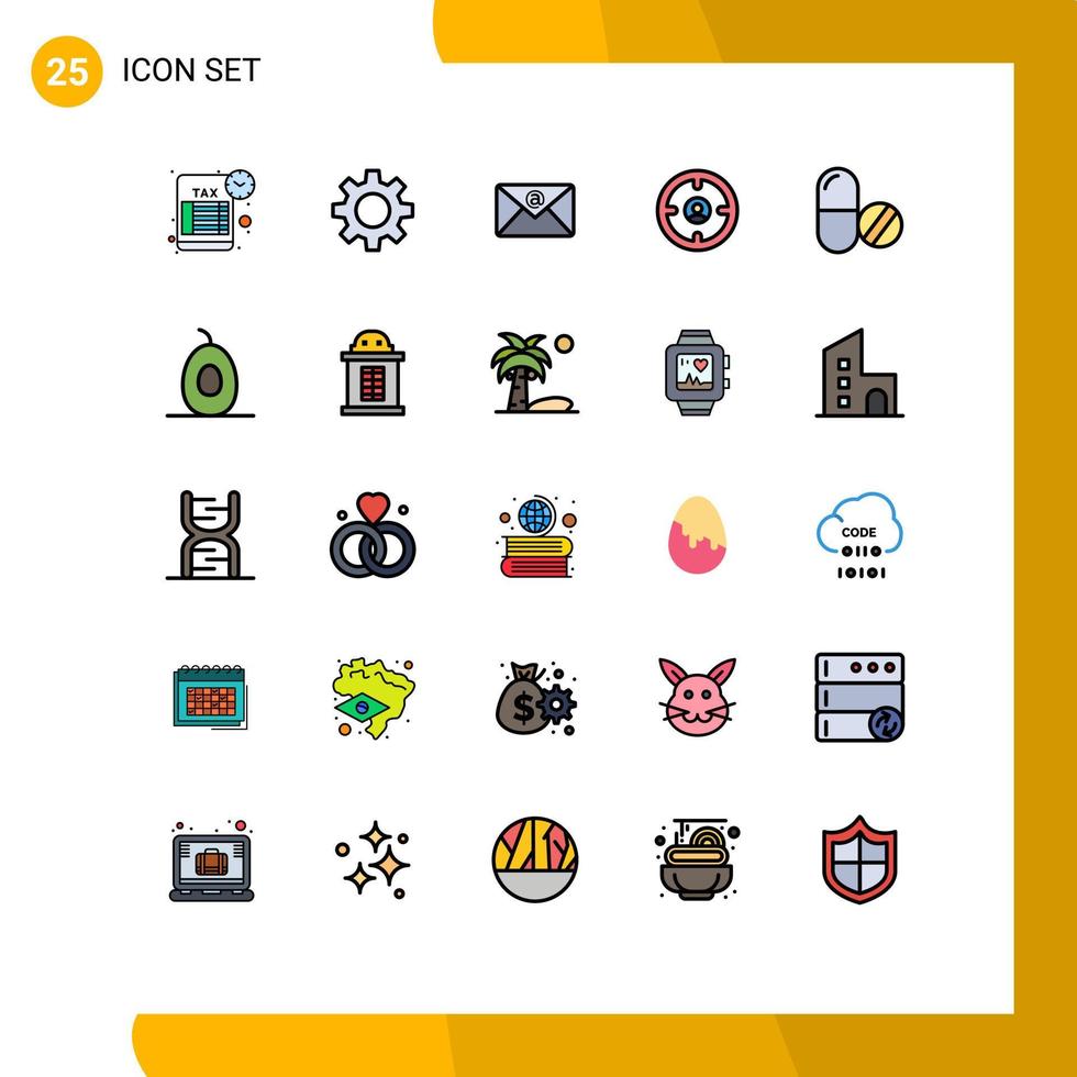 25 universell fylld linje platt färger uppsättning för webb och mobil tillämpningar piller läkemedel inkorg jägare hitta redigerbar vektor design element