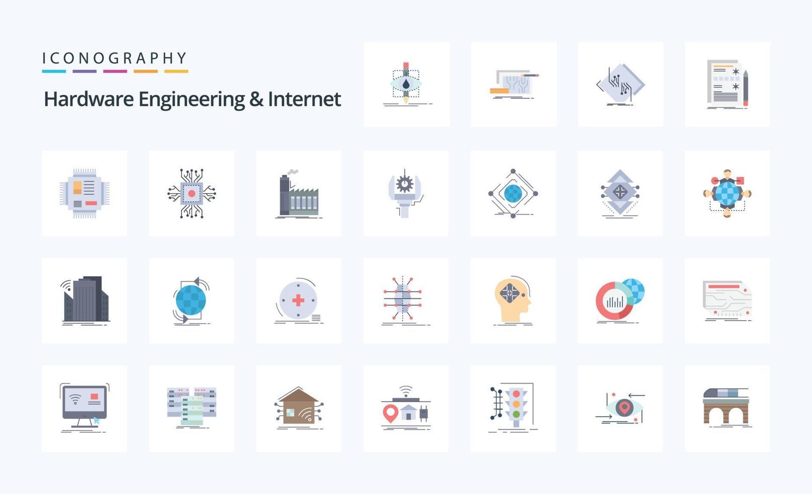 25 Hardware- Ingenieurwesen und Internet eben Farbe Symbol Pack vektor