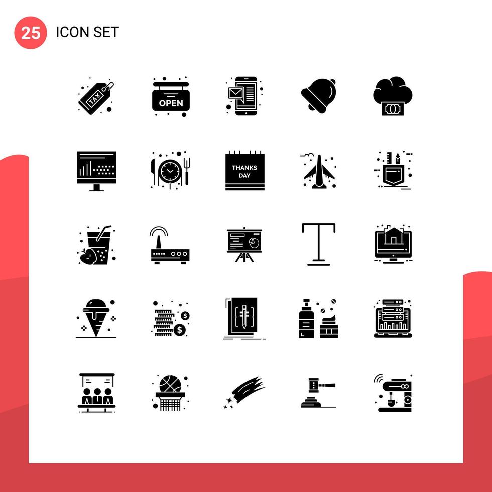 Gruppe von 25 solide Glyphen Zeichen und Symbole zum Geld Wolke Email Budget Glocke editierbar Vektor Design Elemente