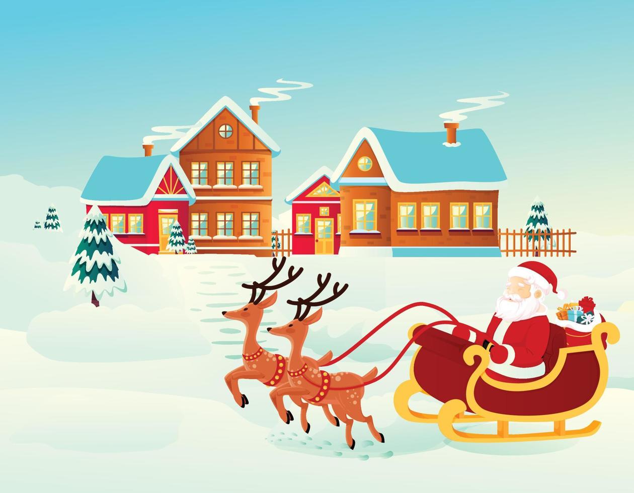 glad jul och Lycklig ny år hälsning kort design med santa claus på släde mysigt vinter- illustration vektor
