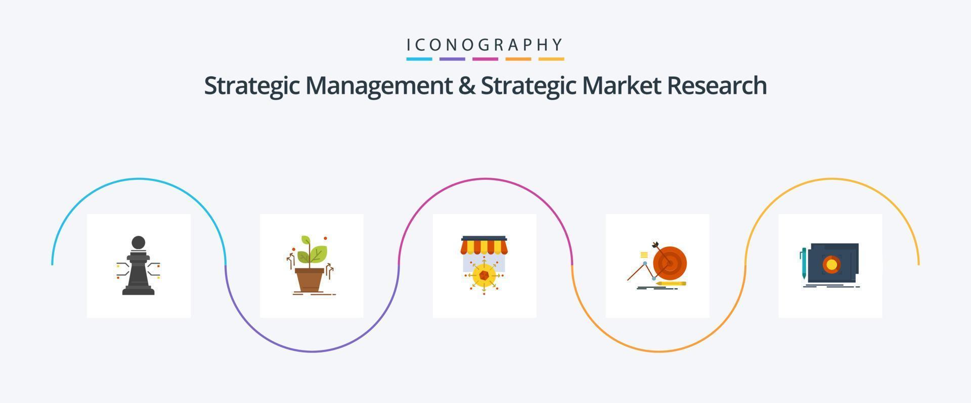 strategisk förvaltning och strategisk marknadsföra forskning platt 5 ikon packa Inklusive låsa. fokus. affär. mål. mål vektor