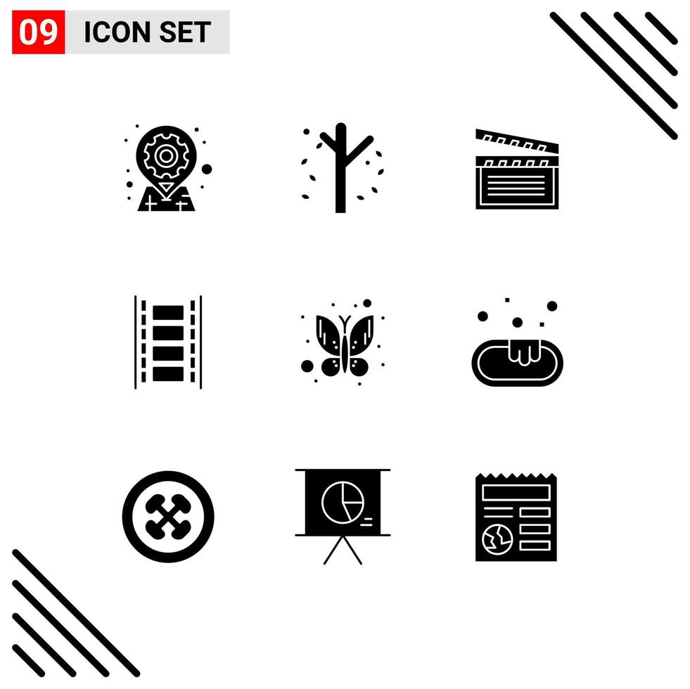 Piktogramm einstellen von 9 einfach solide Glyphen von Filmstreifen Film Jahreszeit Animation Video editierbar Vektor Design Elemente