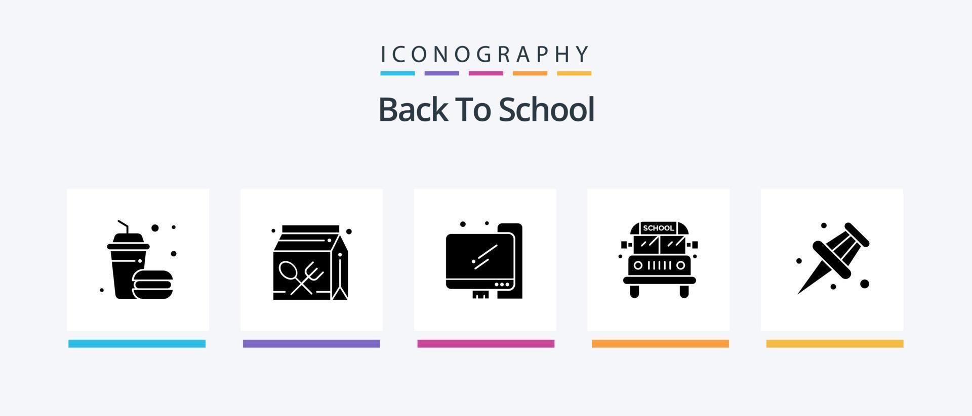 tillbaka till skola glyf 5 ikon packa Inklusive skola. markör. lunch. transport. buss. kreativ ikoner design vektor
