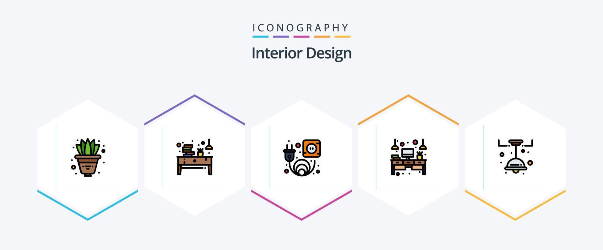 interiör design 25 fylld linje ikon packa Inklusive kök. tabell. papper. kontor. dator vektor