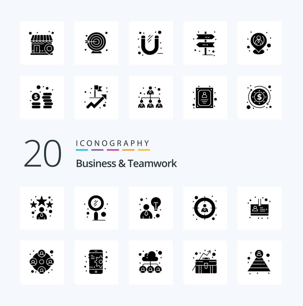 20 Geschäft und Zusammenarbeit solide Glyphe Symbol Pack mögen Person Mitarbeiter Zoomen Ziel Mitarbeiter vektor