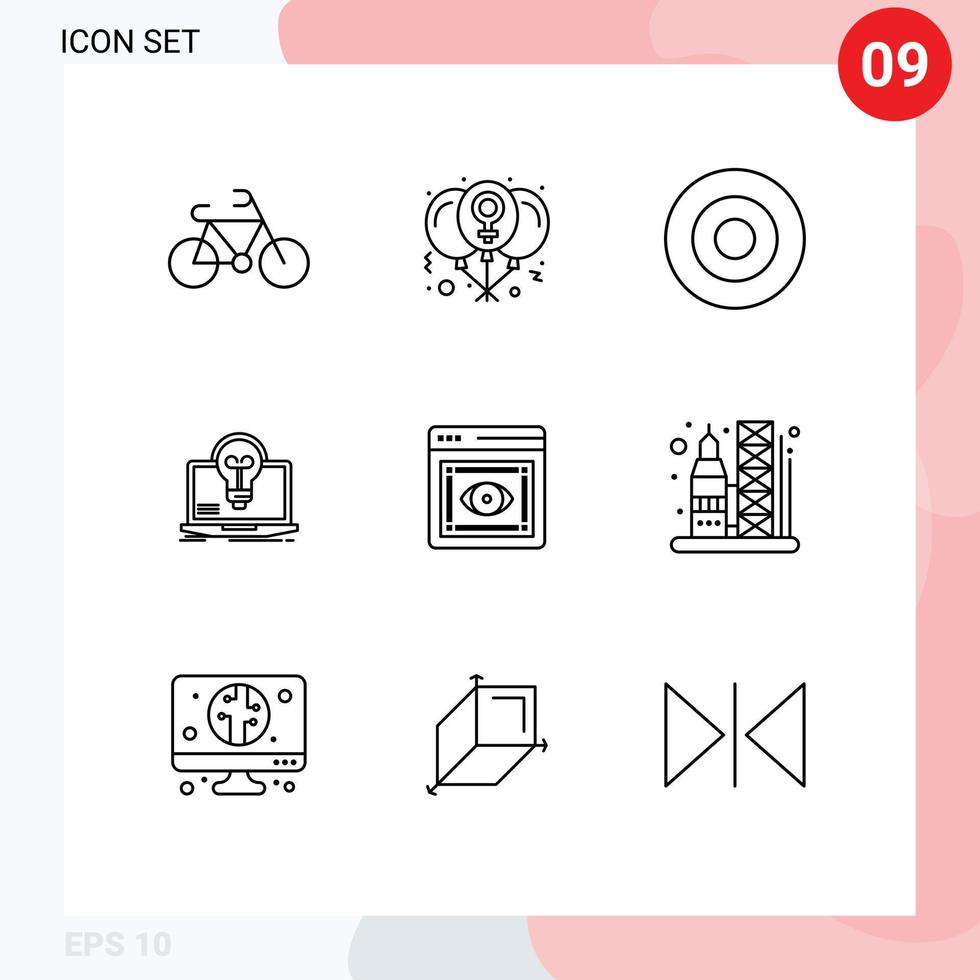 uppsättning av 9 modern ui ikoner symboler tecken för öga skärm guld bärbar dator Glödlampa redigerbar vektor design element