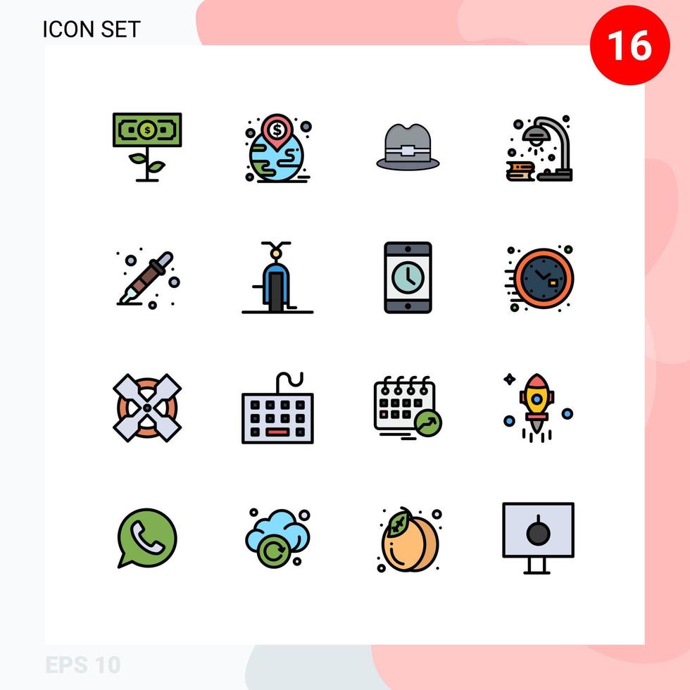 piktogram uppsättning av 16 enkel platt Färg fylld rader av Färg provtagare studie hatt revision lampa redigerbar kreativ vektor design element