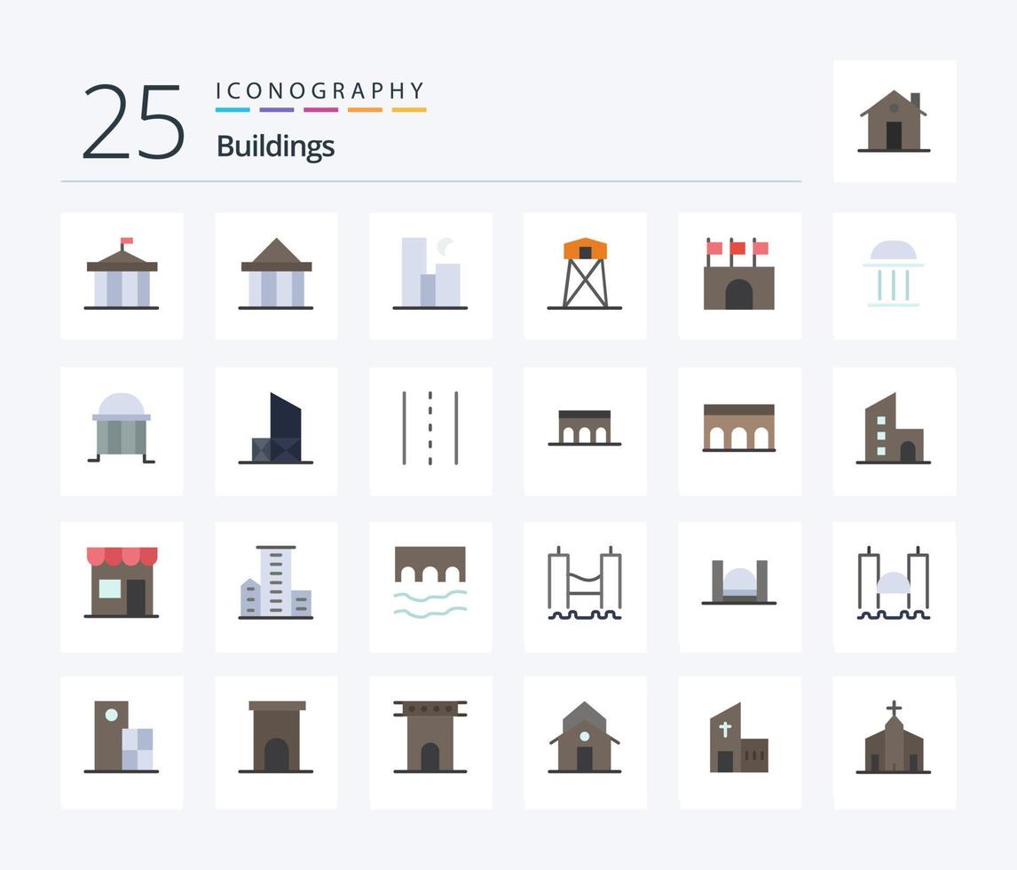 Gebäude 25 eben Farbe Symbol Pack einschließlich öffentlich. Arena. Nacht. Krieg. jagen vektor