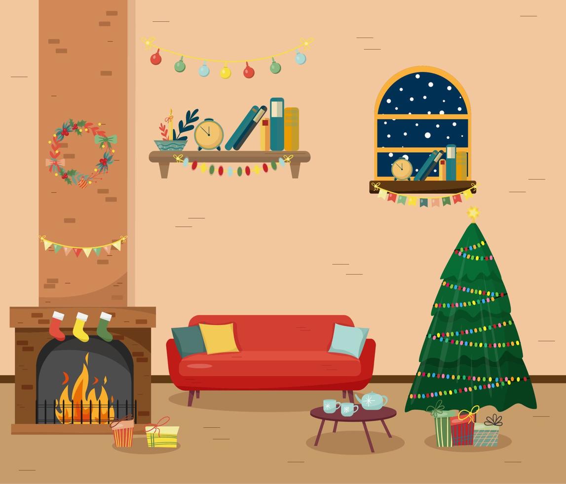 weihnachtlicher kaminrauminnenraum im flachen stil der bunten karikatur. vektor