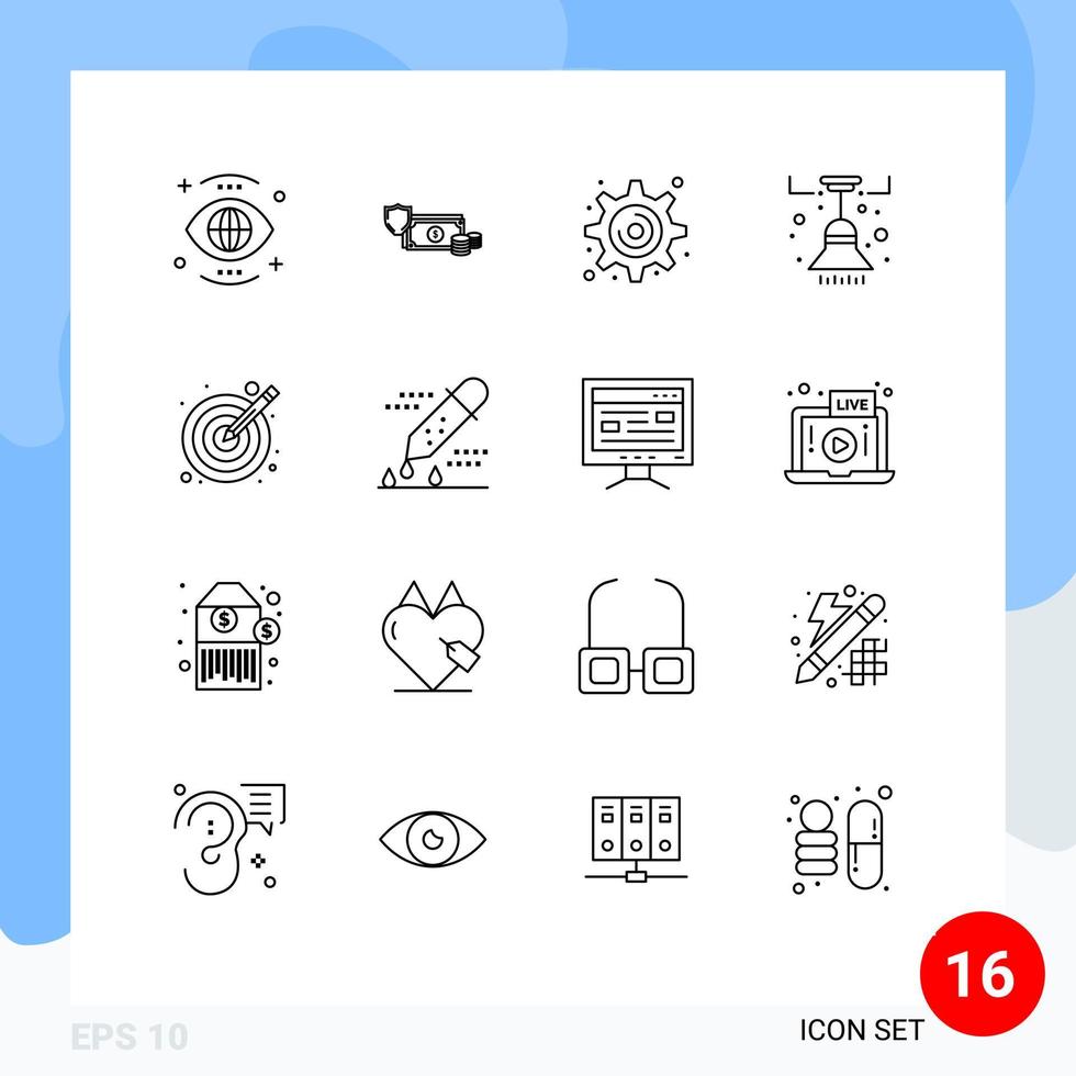 16 thematisch Vektor Umrisse und editierbar Symbole von Lampe Leuchter Finanzen die Einstellungen Zahnrad editierbar Vektor Design Elemente