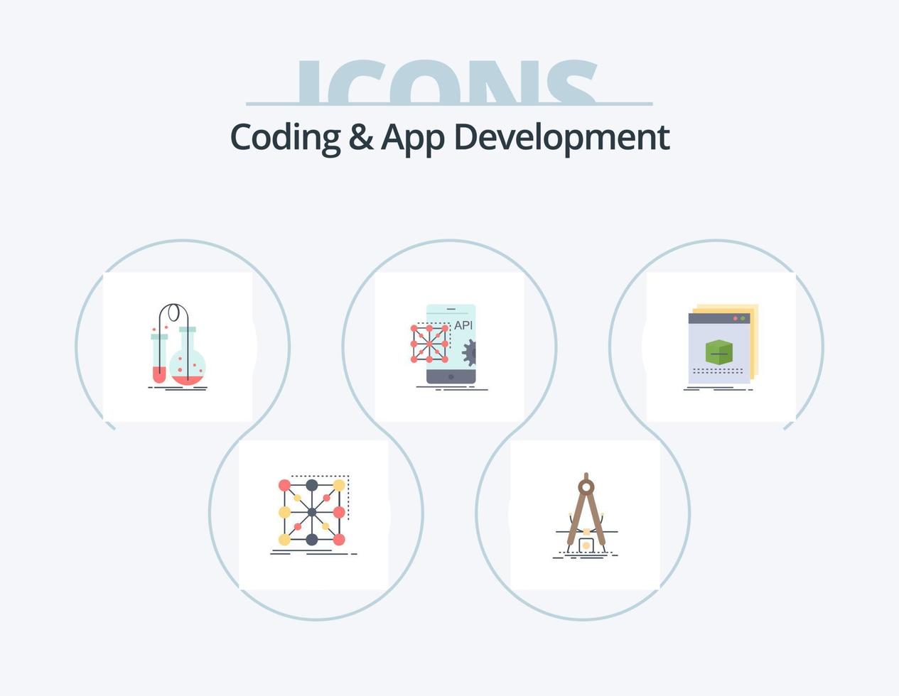 kodning och app utveckling platt ikon packa 5 ikon design. Ansökan. förfining. vetenskap. flaska vektor