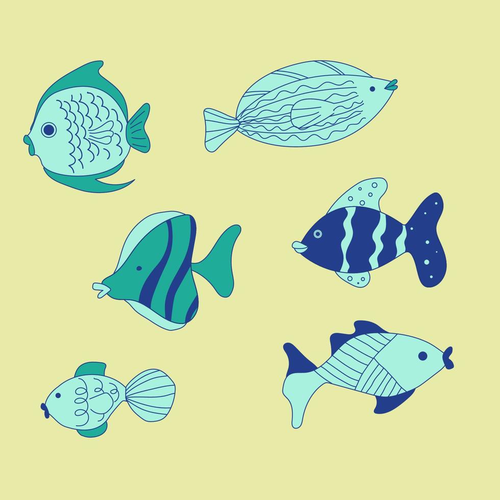 olika fisk i klotter stil vektor